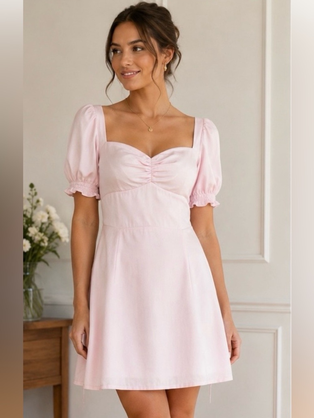 Aritzia Sunday Best Tinsley Mini Dress Light Pink Puff Sleeve Ruched Size 6